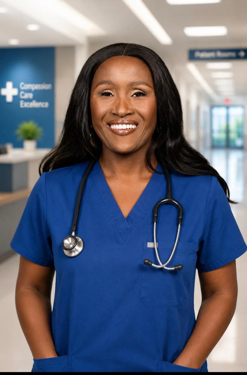 Dr B. N. Ntsaba smiling in blue medical scrubs